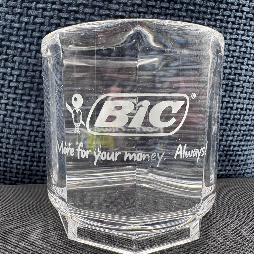 Vintage Bic Pen Holder Cup Clear Acrylic Advertising Bic‎ Boy Made in USA